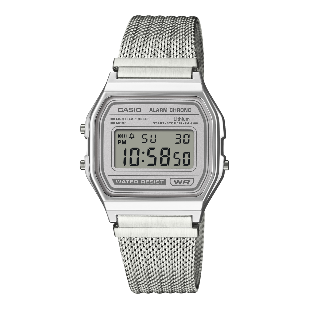 Casio Vintage Digitaluhr mit silbernem Mesh-Armband und grüner LCD-Anzeige