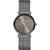 Damenarmbanduhr mit rundem grauem Zifferblatt, Metallarmband und orangefarbenem Sekundenzeiger