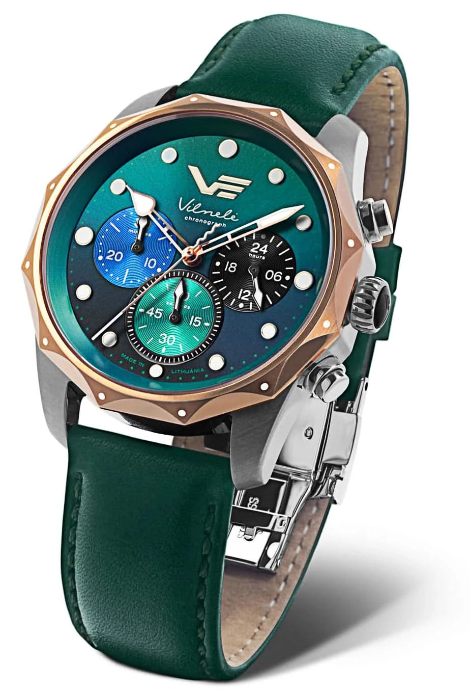 Vostok Europe damklocka med grönt läderarmband och blågrön urtavla, safirglas