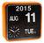 Väggklocka med orange ram, svart flip-kalender och tidsvisning