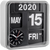 Väggklocka med analog urtavla och digitala datumfönster: 2020, maj, 15 AM