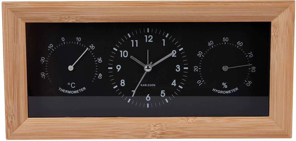 Analog rektangulär väckarklocka med bamburam, svart urtavla och temperatur- & hygrometerdisplay