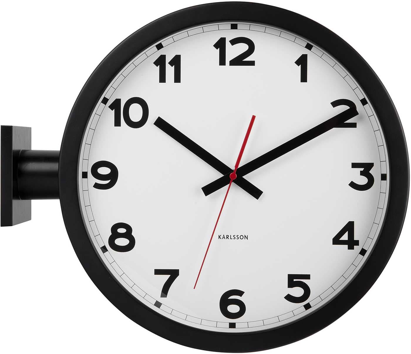 Väggklocka med svart ram, vit urtavla och röd sekundvisare