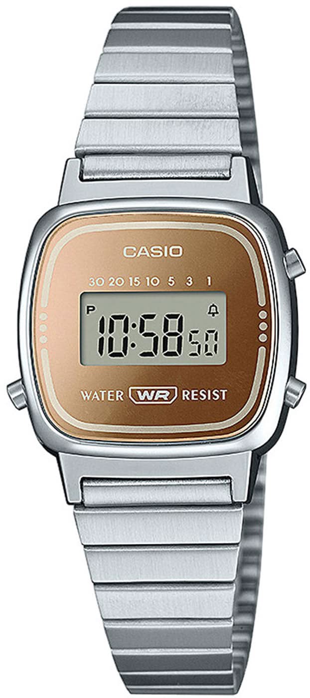 Casio damklocka med silverfärgat metallarmband och digital display, WR-Resist