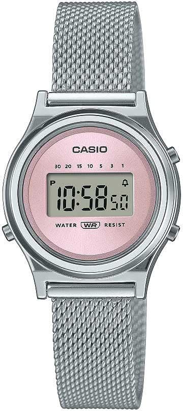 Casio Vintage damklocka med silverfärgat Milanese-armband och digital urtavla, rosa
