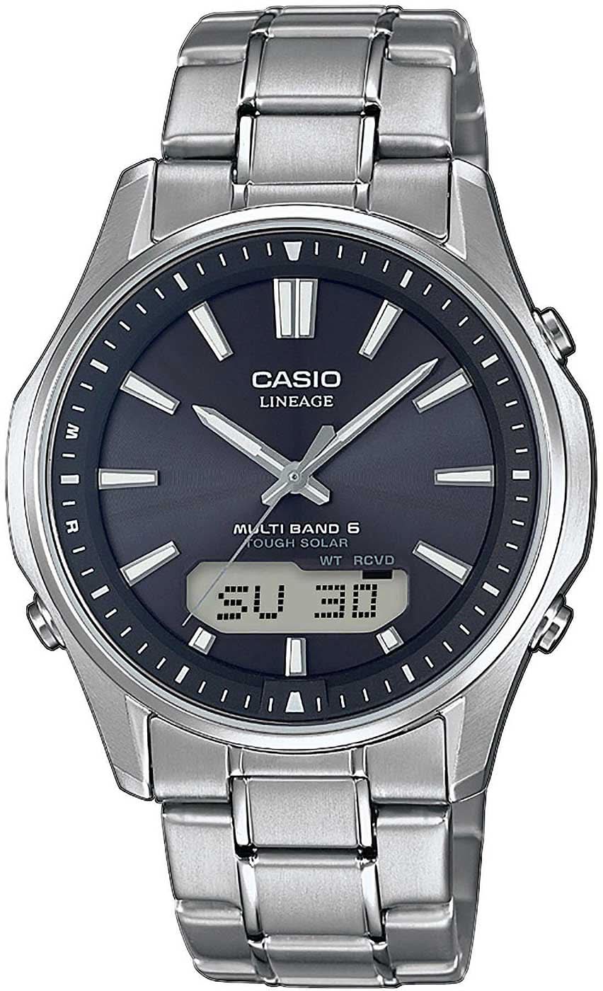Casio analog herrklocka med blå urtavla och metallänk, titanlook