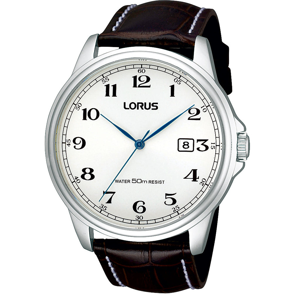 Lorus Dress RS985AX9 Herren Armbanduhr • Weißes Zifferblatt • Braunes Lederband