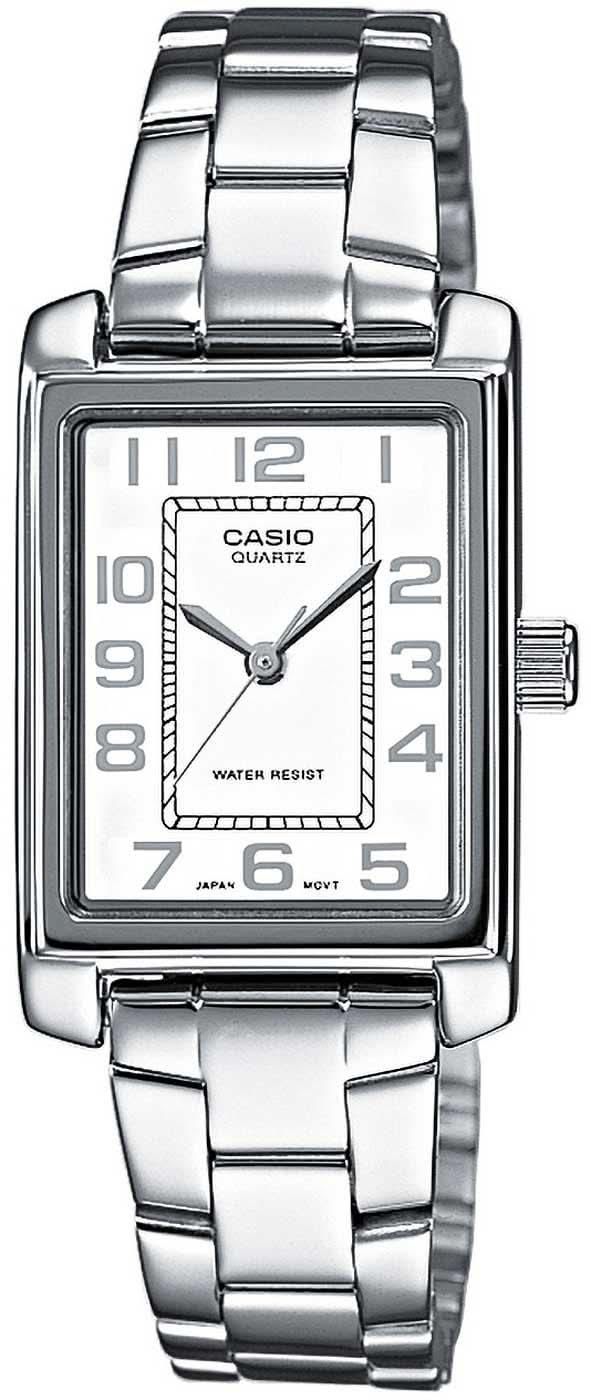 Casio damklocka med rektangulär urtavla, arabiska siffror och rostfritt stålarmband