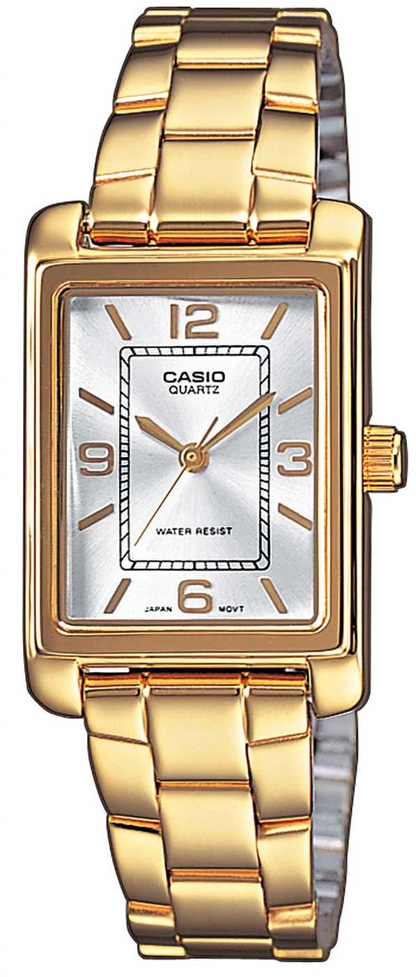 Casio damklocka med guldfärgat metallarmband, rektangulär urtavla och analoga visare