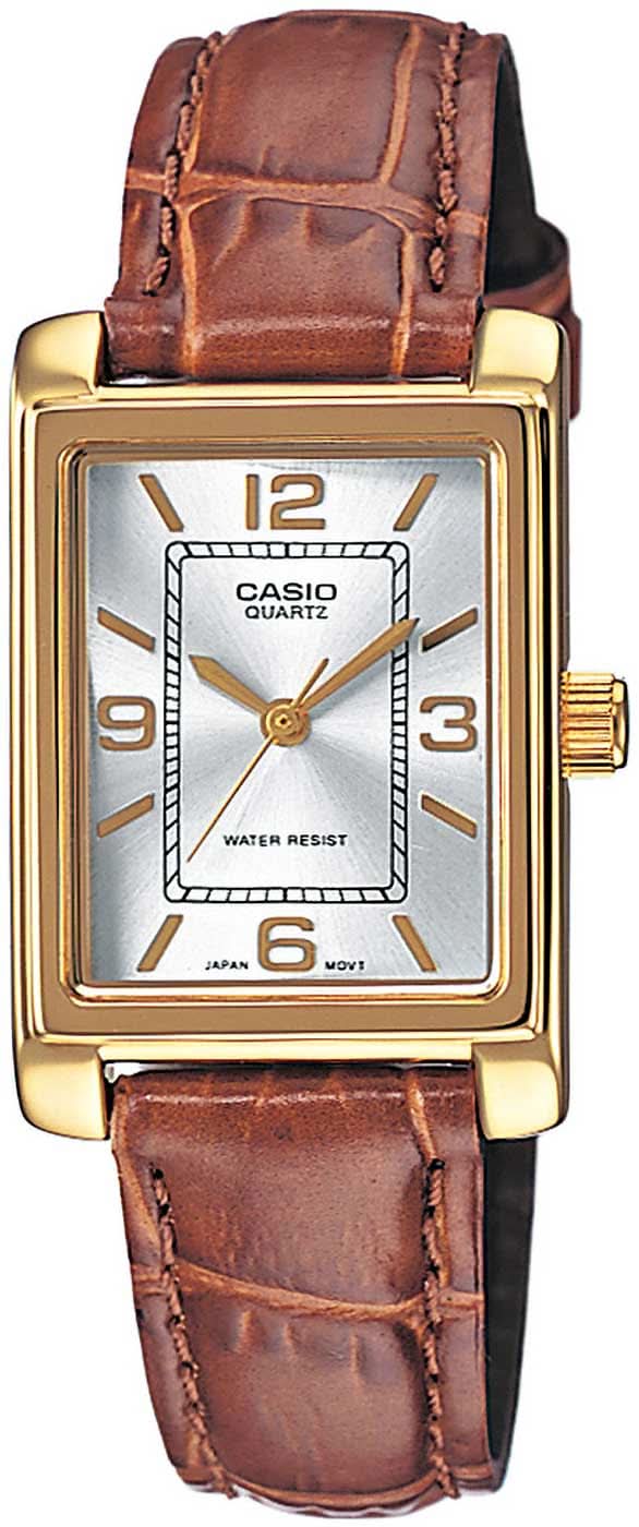 Casio damklocka med brunt läderarmband, guldfärgat hölje och vit urtavla