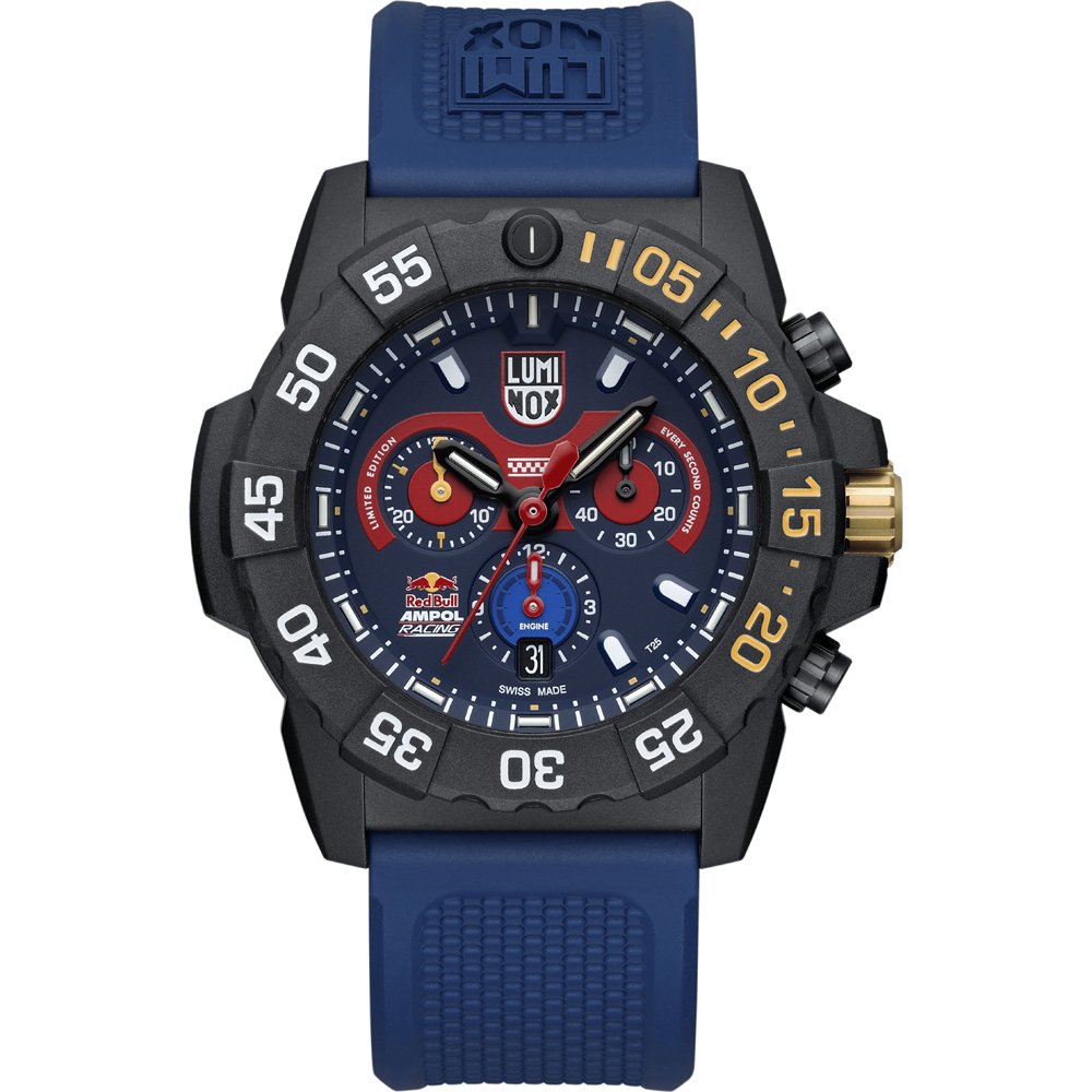 Armbanduhr mit schwarzem Carbongehäuse und blauem Silikonarmband, Chronograph-Zifferblatt