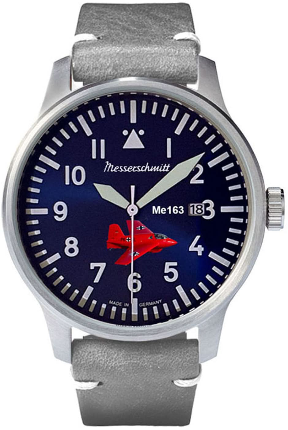 Herrklocka med rund blå urtavla, silverfärgat hölje och grått läderarmband, Messerschmitt