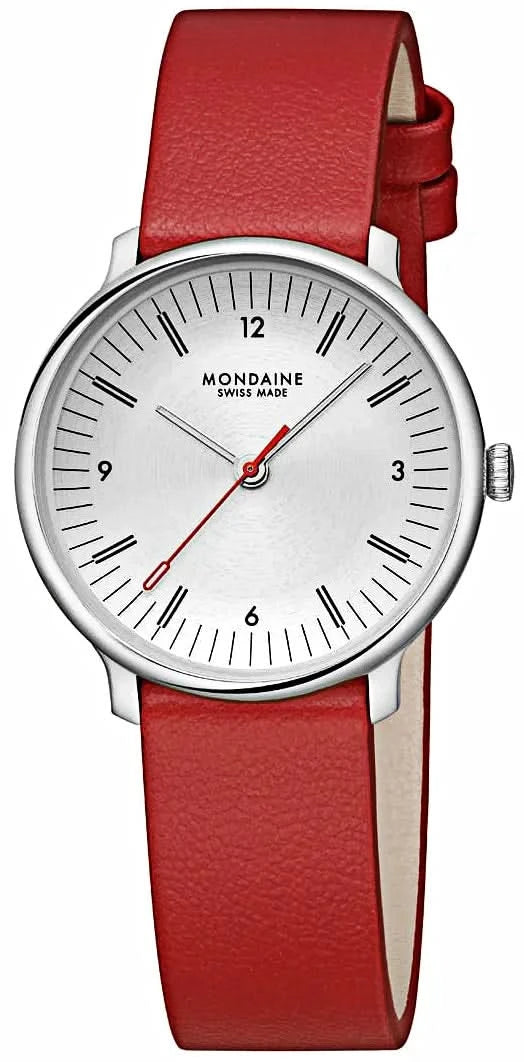 Damklocka med rött läderarmband, boett i silver och vit urtavla.