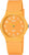 Damklocka med orange armband och rund urtavla, analog tidsvisning