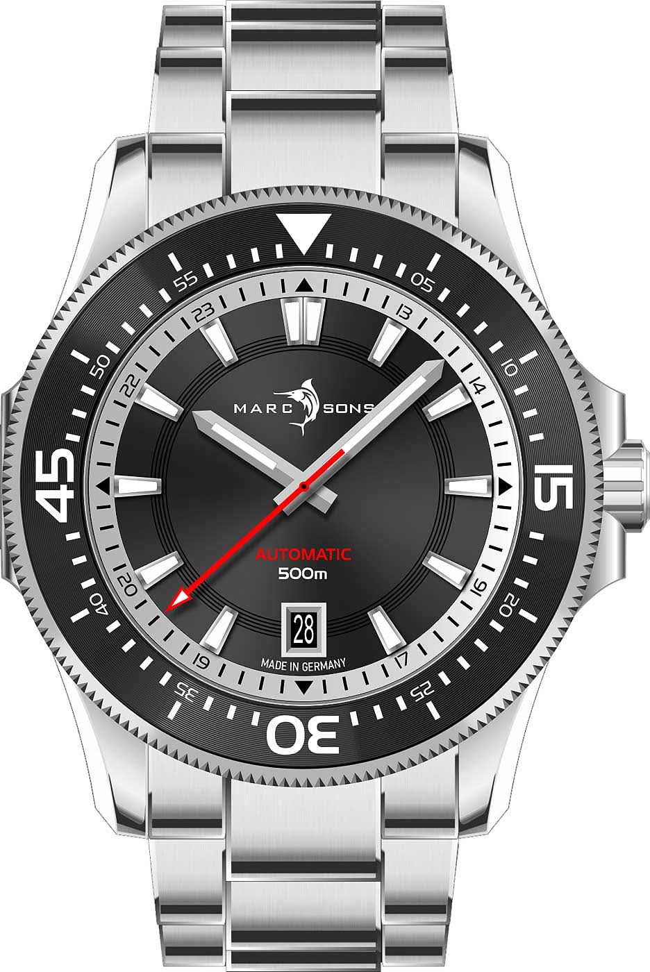Automatisk herrklocka med svart urtavla, datumfönster och metallarmband
