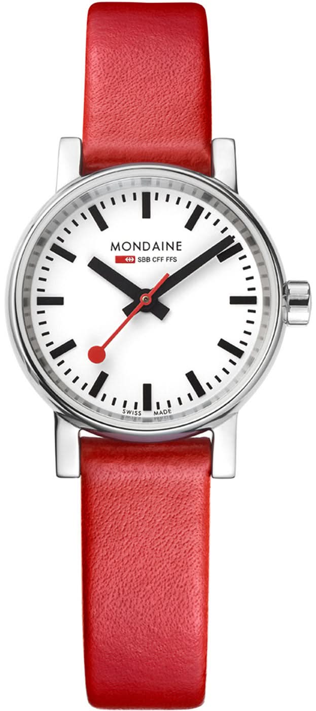 Damklocka med rött läderarmband, vit urtavla och svarta timmarkeringar