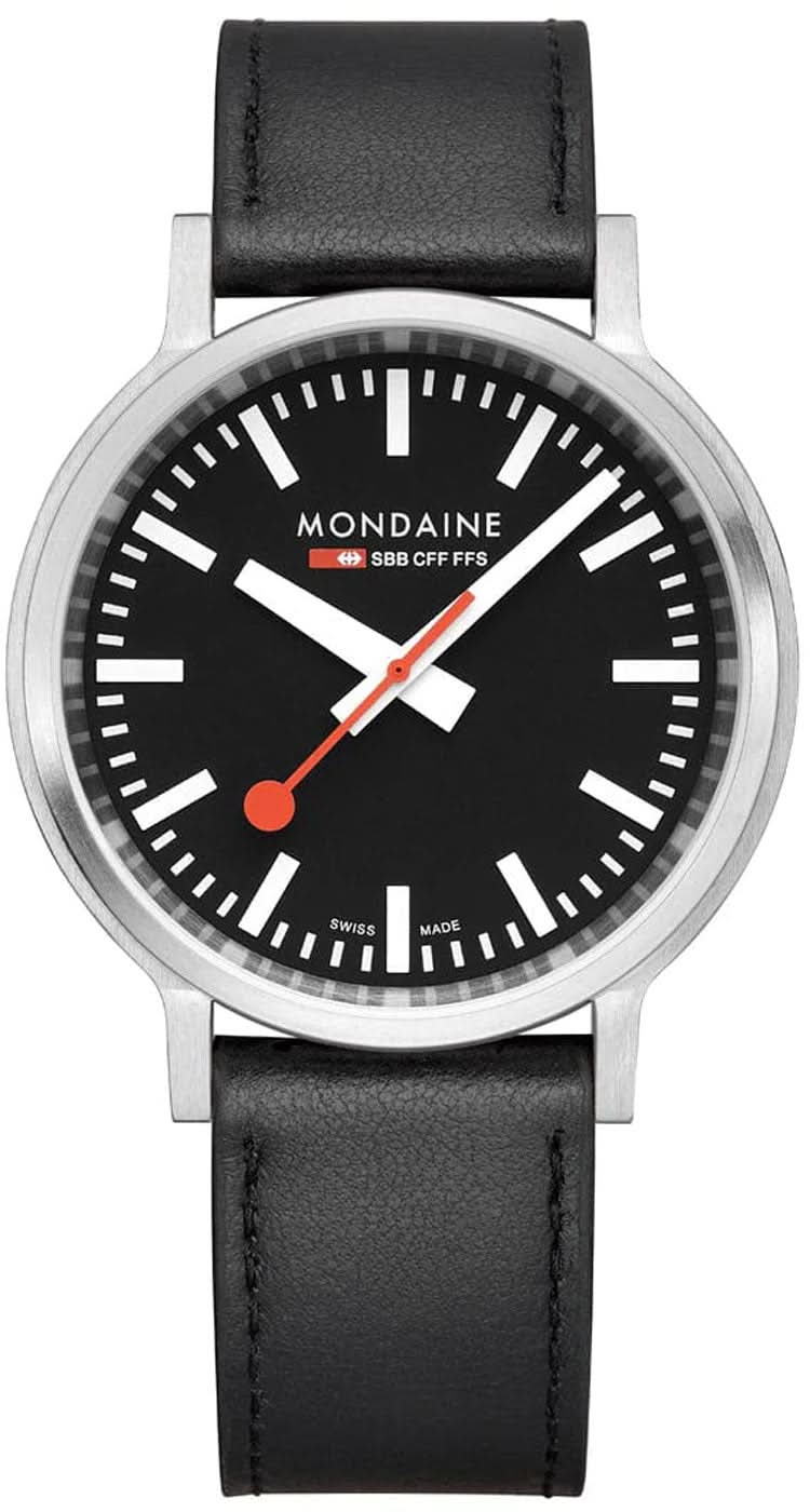 Mondaine Stop2Go-klocka med svart urtavla, vit index och svart läderarmband