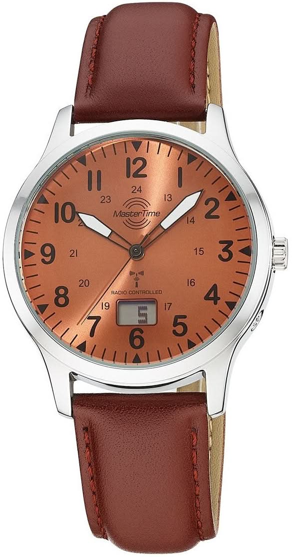 Herrklocka med brunt läderarmband, orange urtavla och silverfärgad infattning