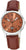 Herrklocka med brunt läderarmband, orange urtavla och silverfärgad infattning