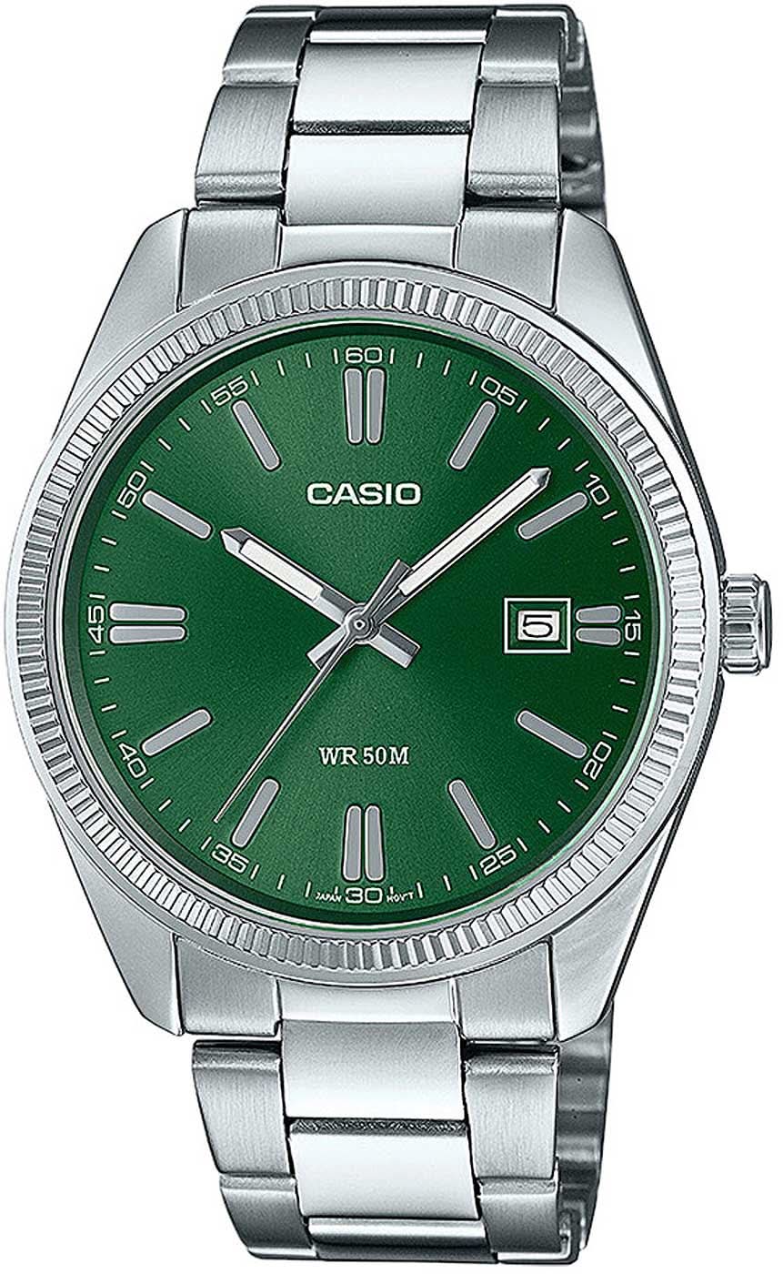 Casio herrur med grön urtavla, stållänk, datumvisning och timräknare