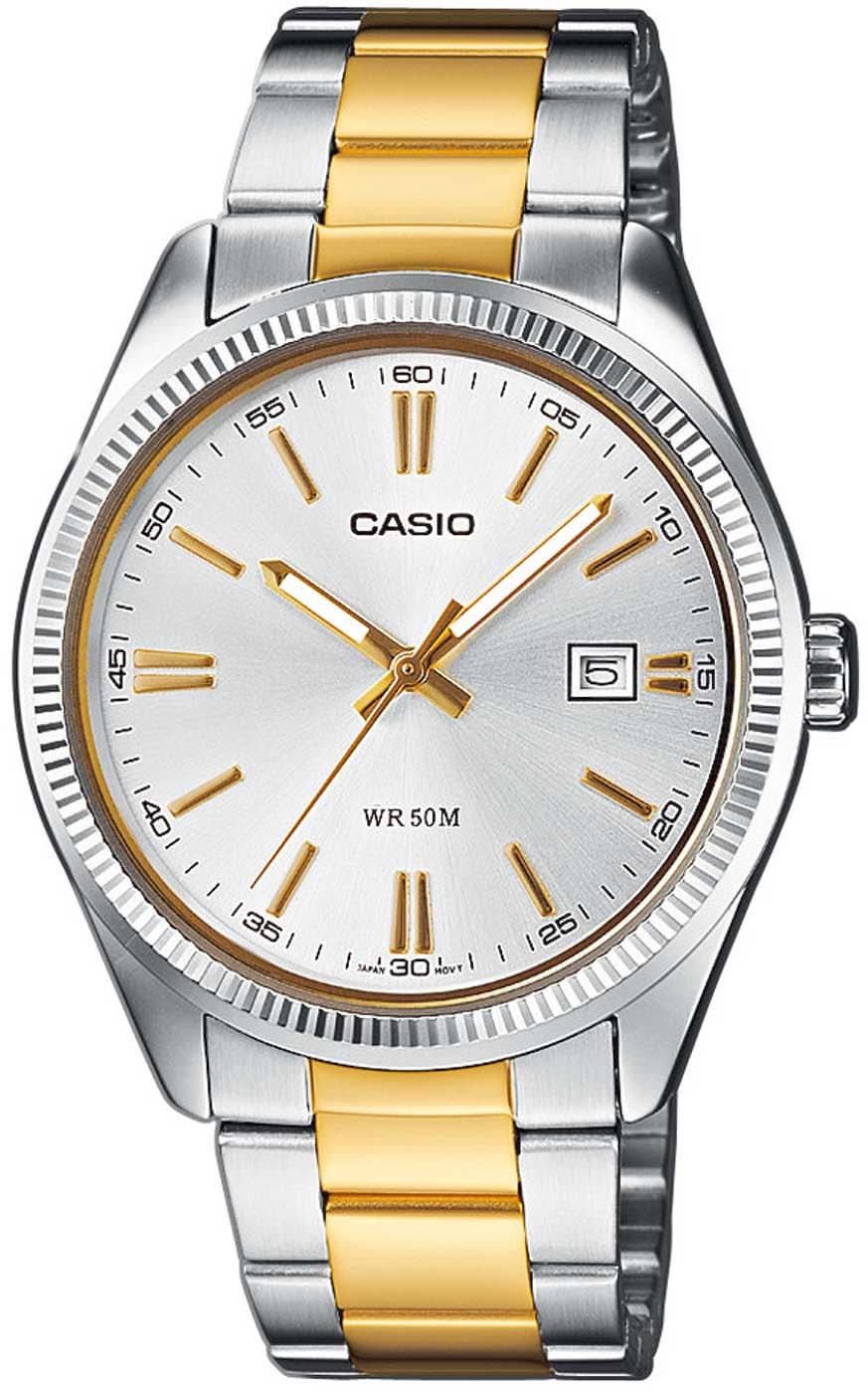 Casio herrklocka med tvåfärgat metallarmband, silverfärgad urtavla och datumvisning