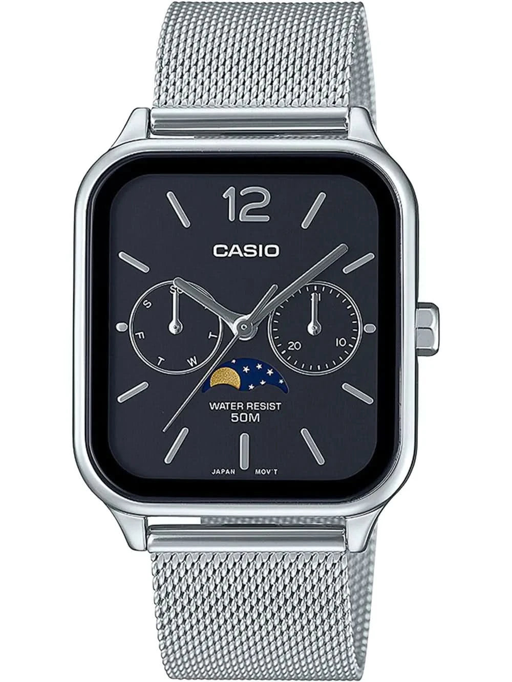 Herrklocka med armband i rostfritt stål, mörk urtavla och månfasvisning, CASIO