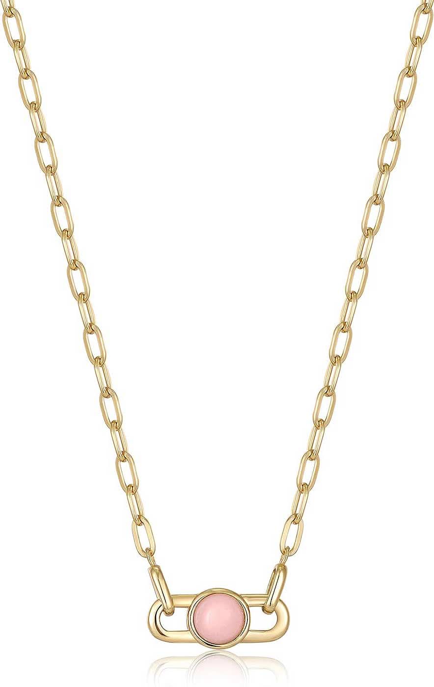 Halsband med hänge: guldfärgat länkhalsband och rosa droppsten