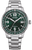 Herrklocka med grön urtavla, silverfärgat metallarmband och datum vid kl. 4