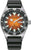 Herrklocka med svart armband, boett i silver och orange urtavla