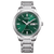 Automatisk herrklocka med grön urtavla, datumvisning och silverfärgat metallarmband