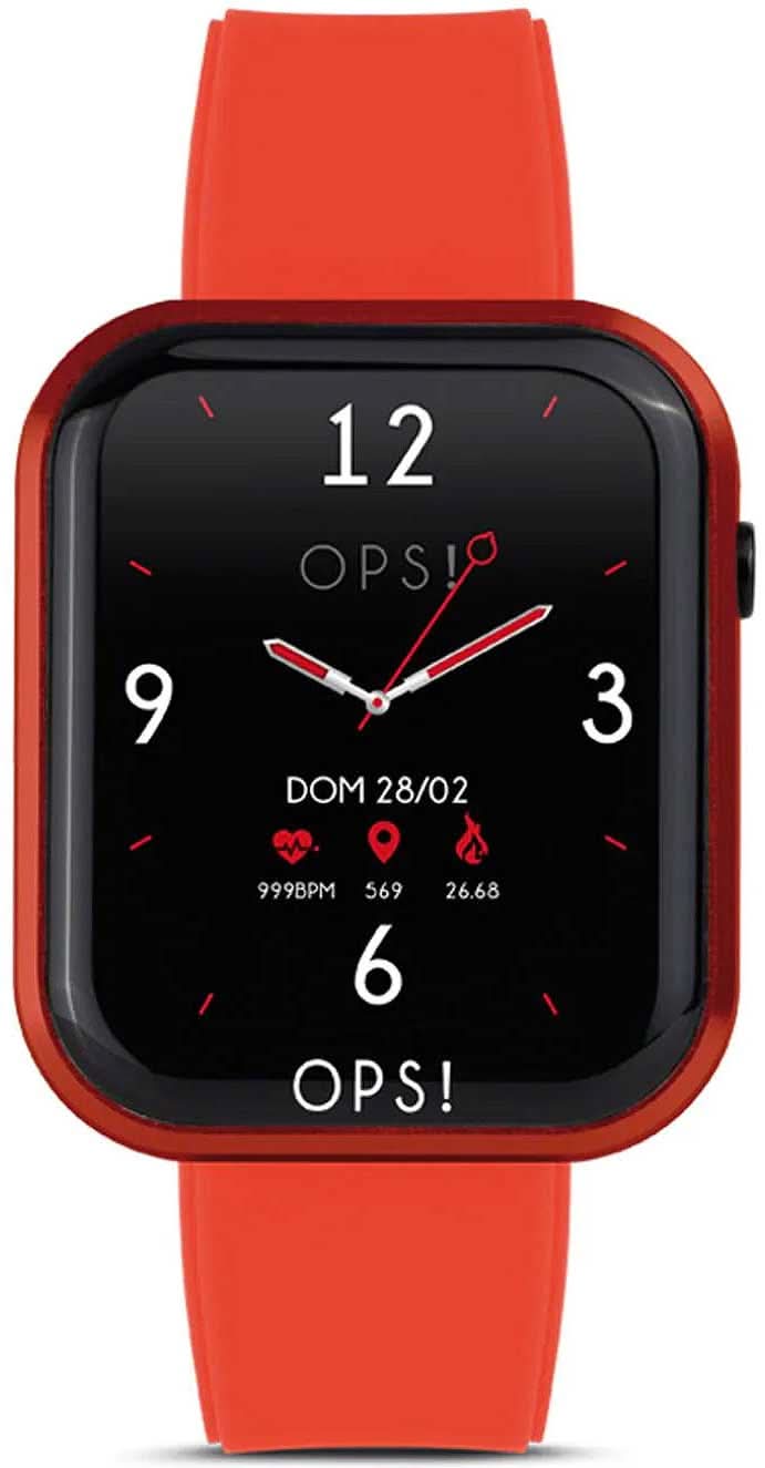 Unisex smartwatch med rött silikonarmband och fyrkantig urtavla med tid