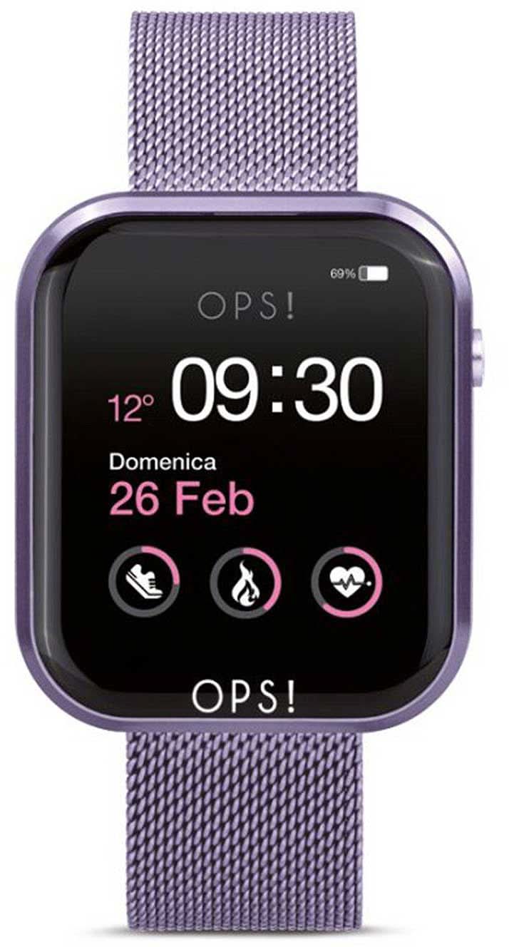 Smartklocka med svart urtavla och lila metallarmband, visning 09:30