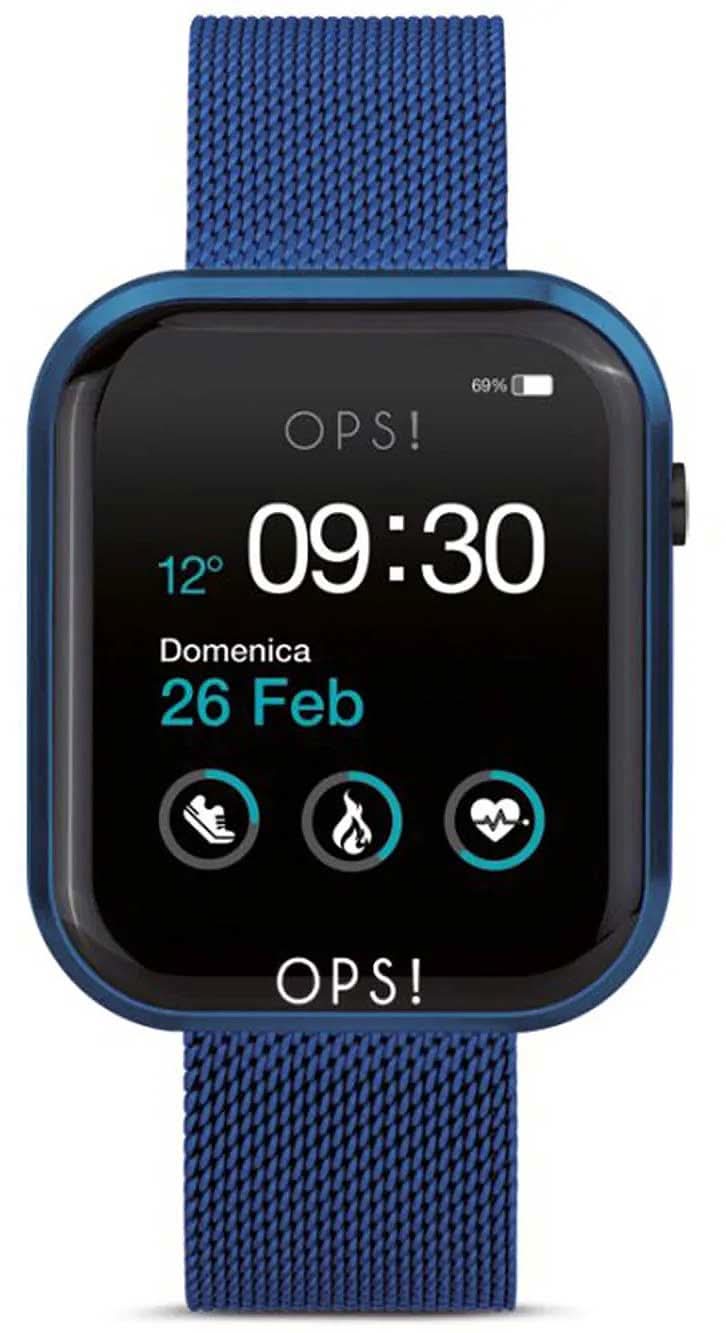 Unisex smartwatch med blått textilarmband och rund skärm, tid 09:30
