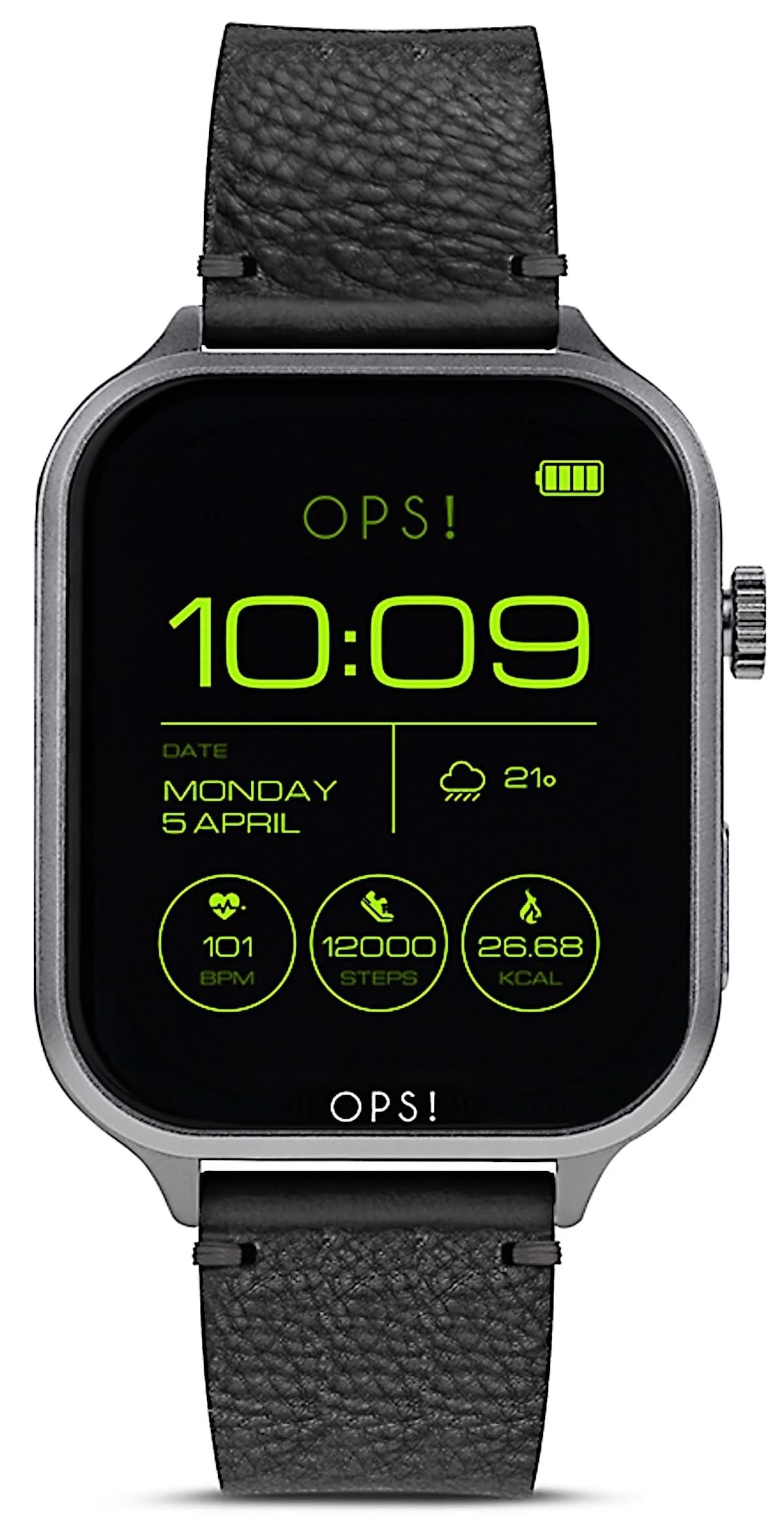 OPS! Smartklocka med svart urtavla, 10:09, svart läderarmband