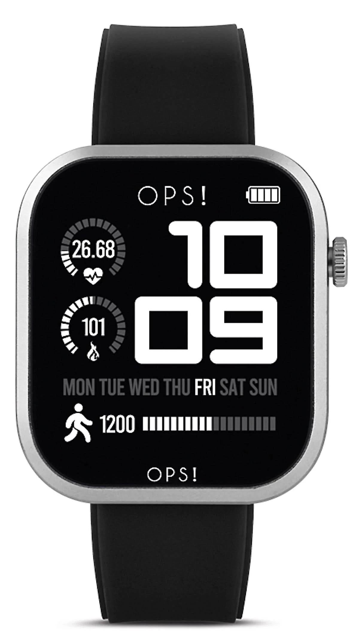 OPS!-Unisex-smartklocka med svart urtavla och svart silikonarmband