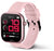 Smartwatch med rosa silikonarmband, sidoknapp och svart display