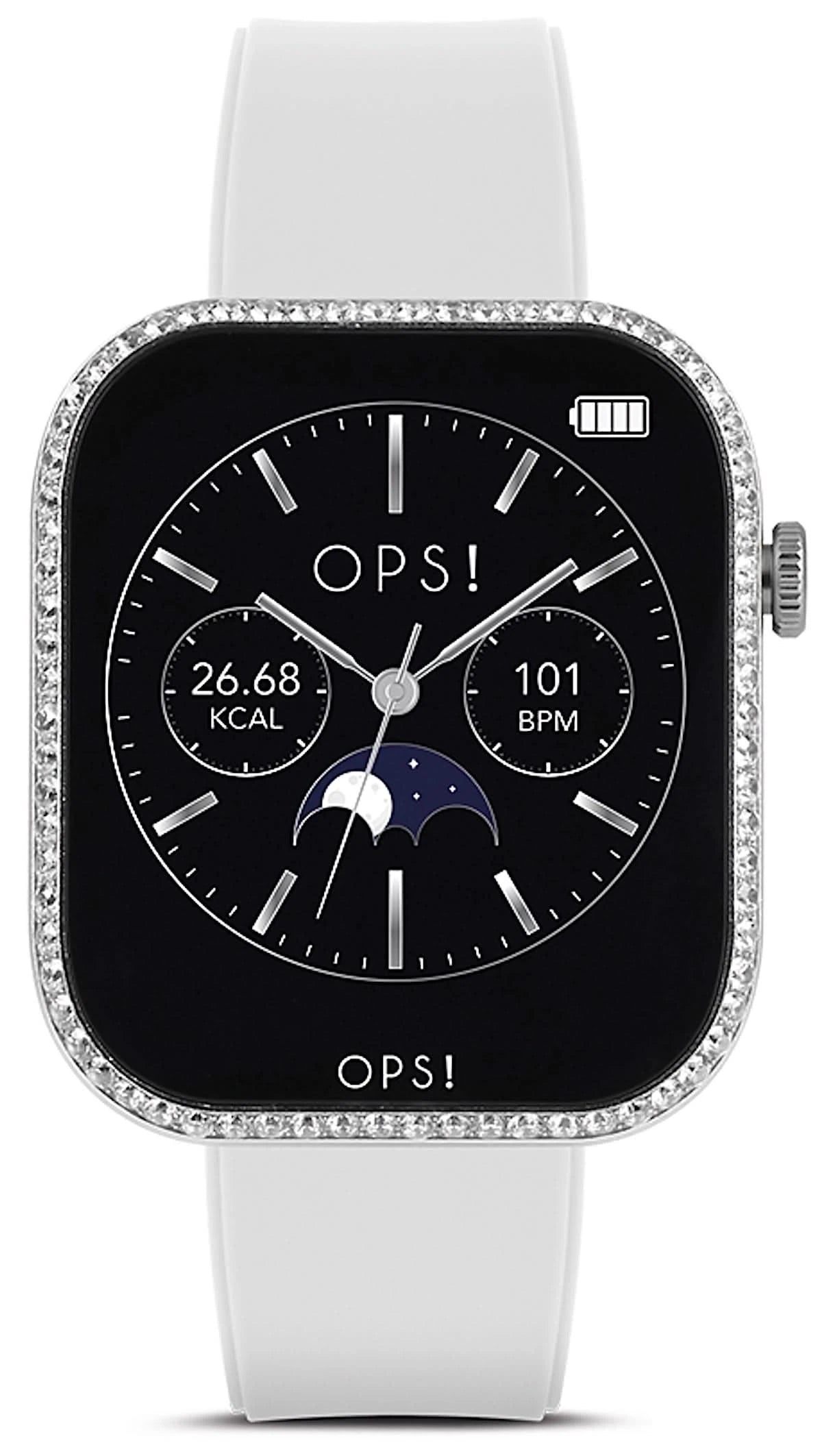 Unisex-smartwatch med svart display, vitt silikonarmband och ram med strass