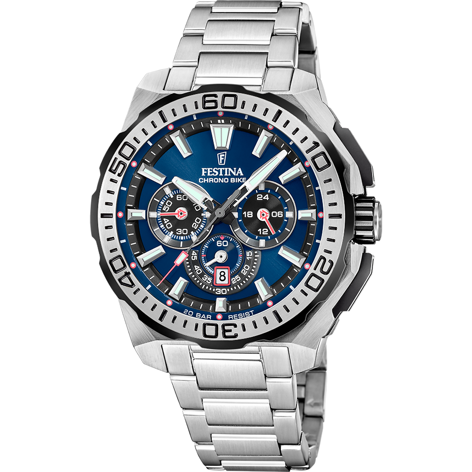 Festina Chrono Bike herrklocka med silverfärgat armband i rostfritt stål och blå kronografurtavla