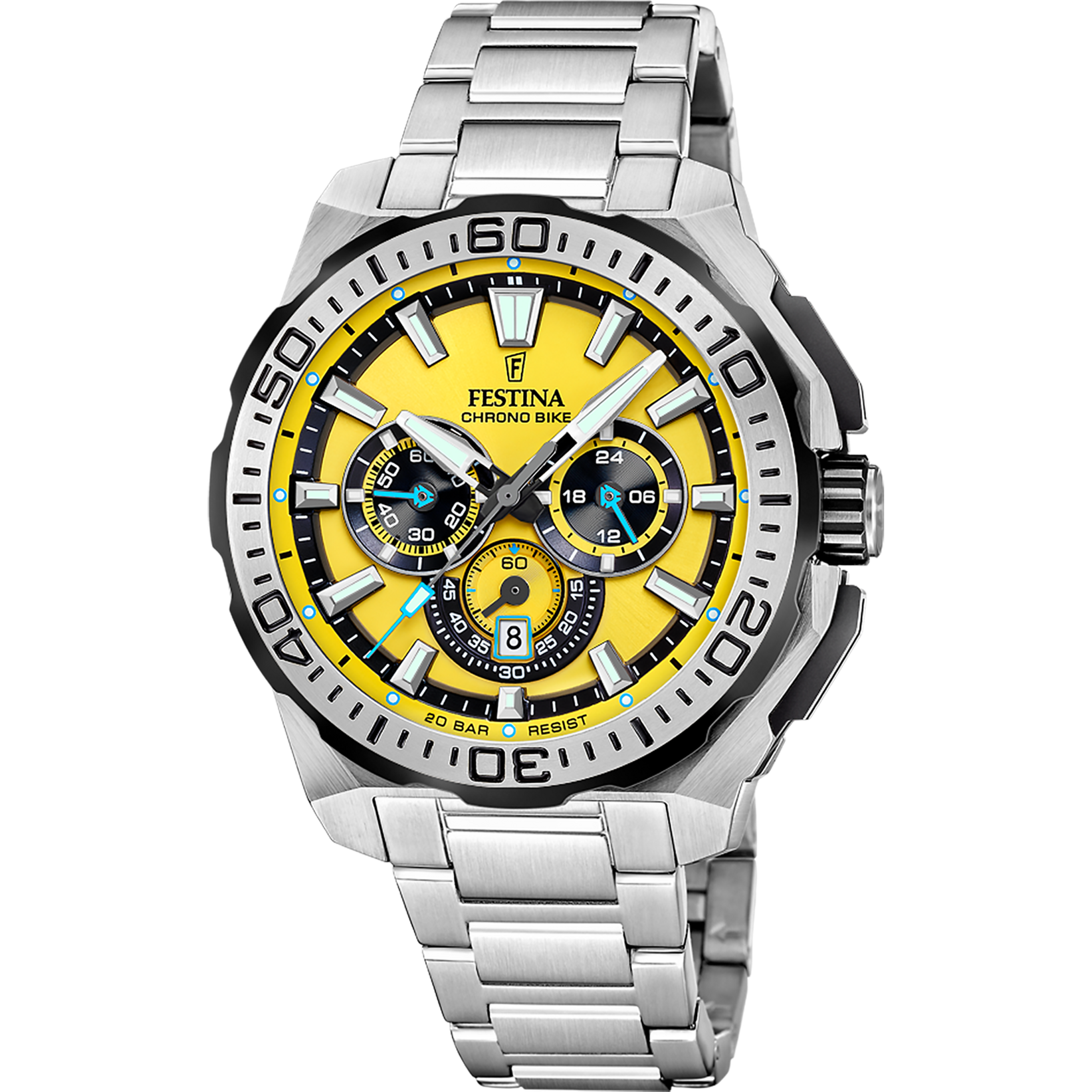 Festina kronograf för herrar med rostfritt stålarmband, gul urtavla och kronograf-subdials