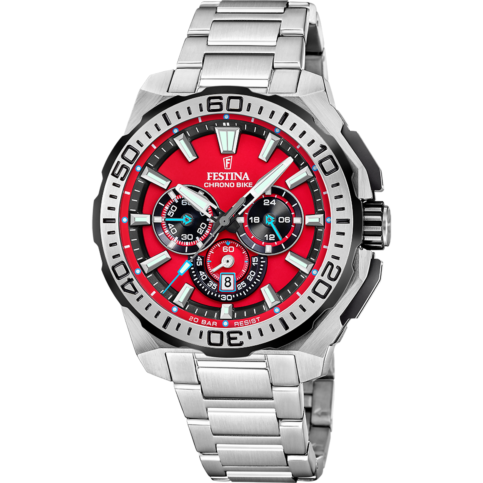 Festina herrklocka kronograf med silverfärgat armband i rostfritt stål och röd urtavla