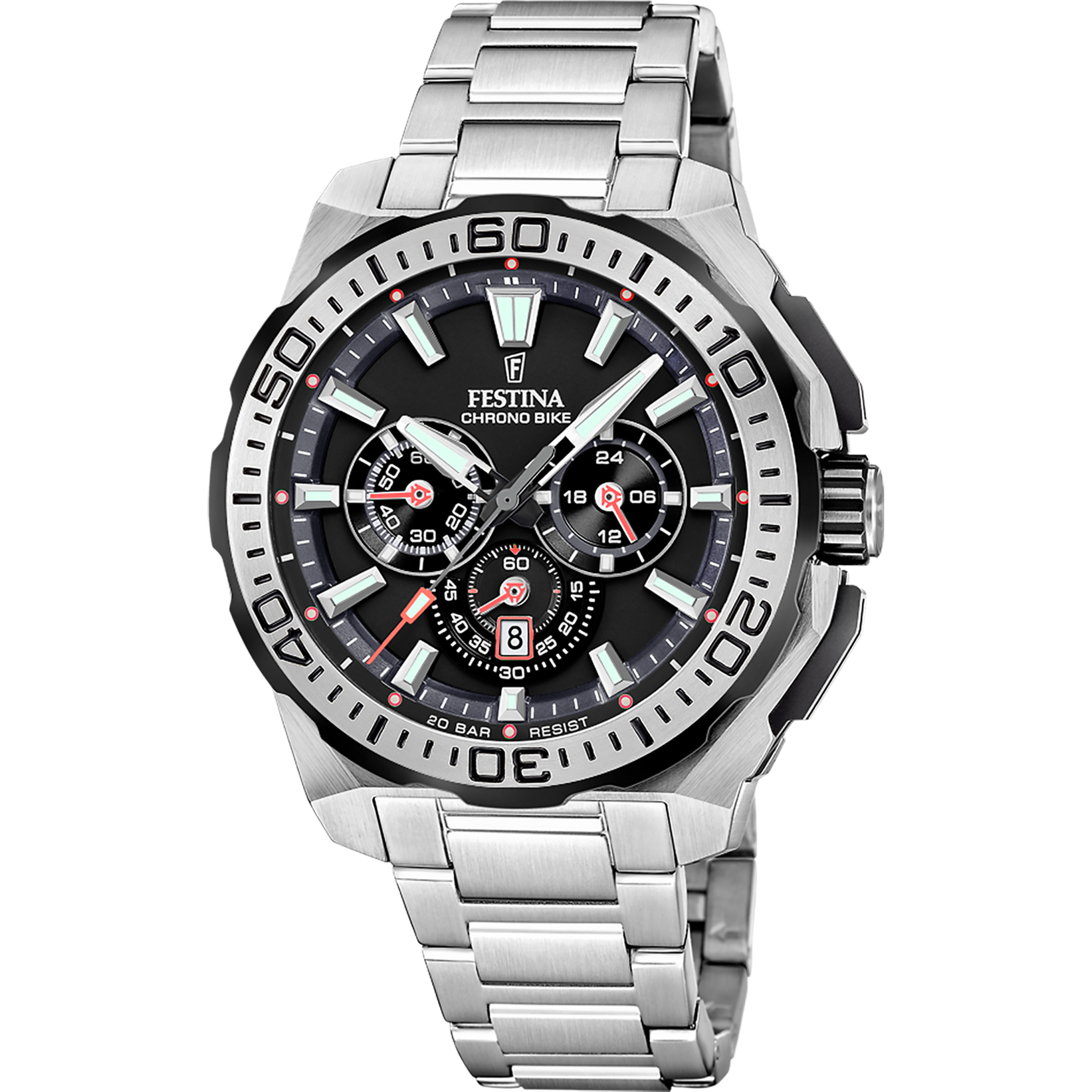 Festina Chrono-Bike herrklocka med silverfärgat metallarmband och svart urtavla