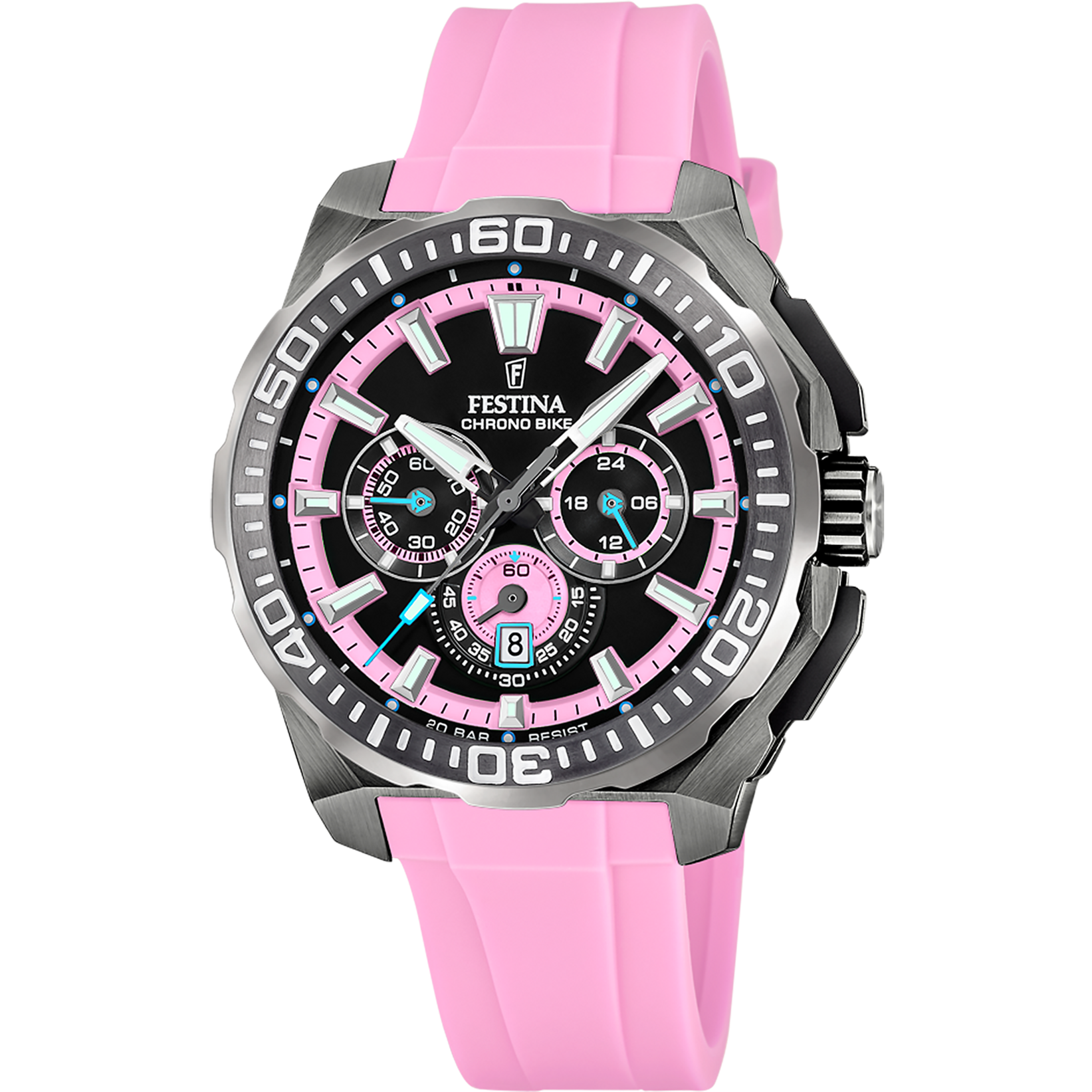 Kronografklocka för herrar med rosa silikonarmband, svart urtavla och boett i rostfritt stål.