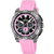 Kronografklocka för herrar med rosa silikonarmband, svart urtavla och boett i rostfritt stål.