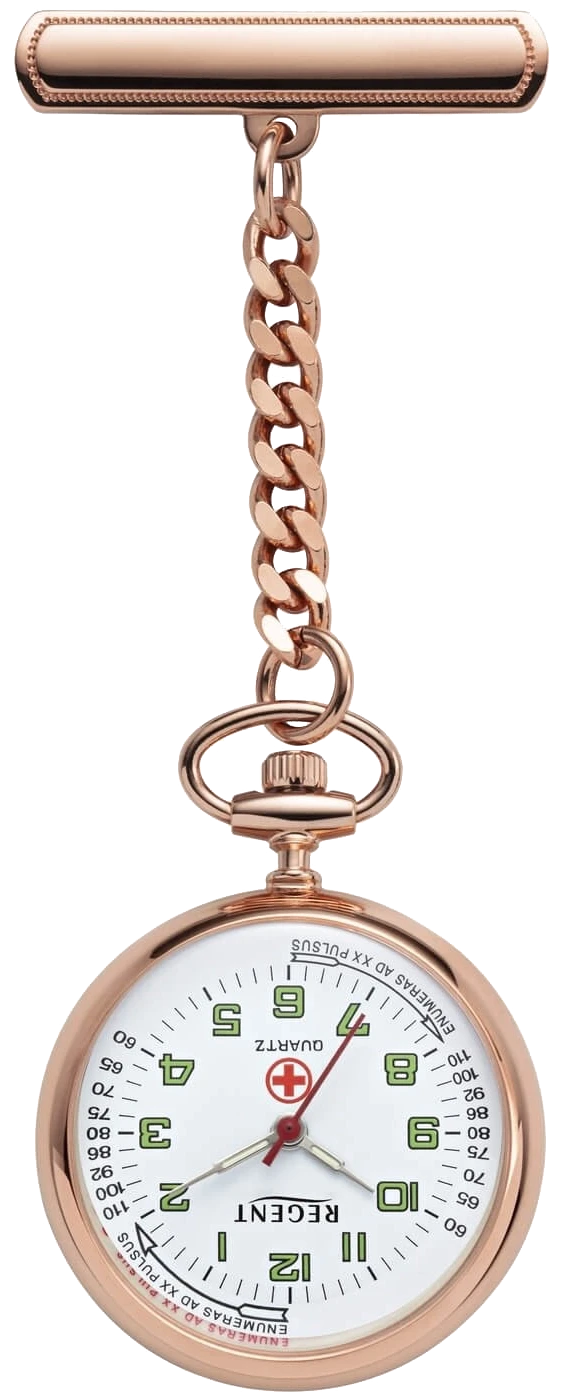 Fickur med rund urtavla, kedja och karbinhake; roséguldig finish