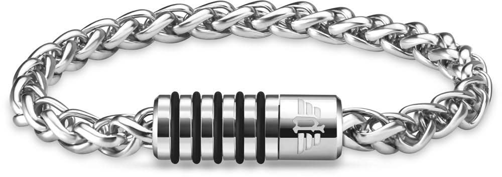 Armband i rostfritt stål med silverfärgad länkkedja och cylindriskt element med svarta räfflor