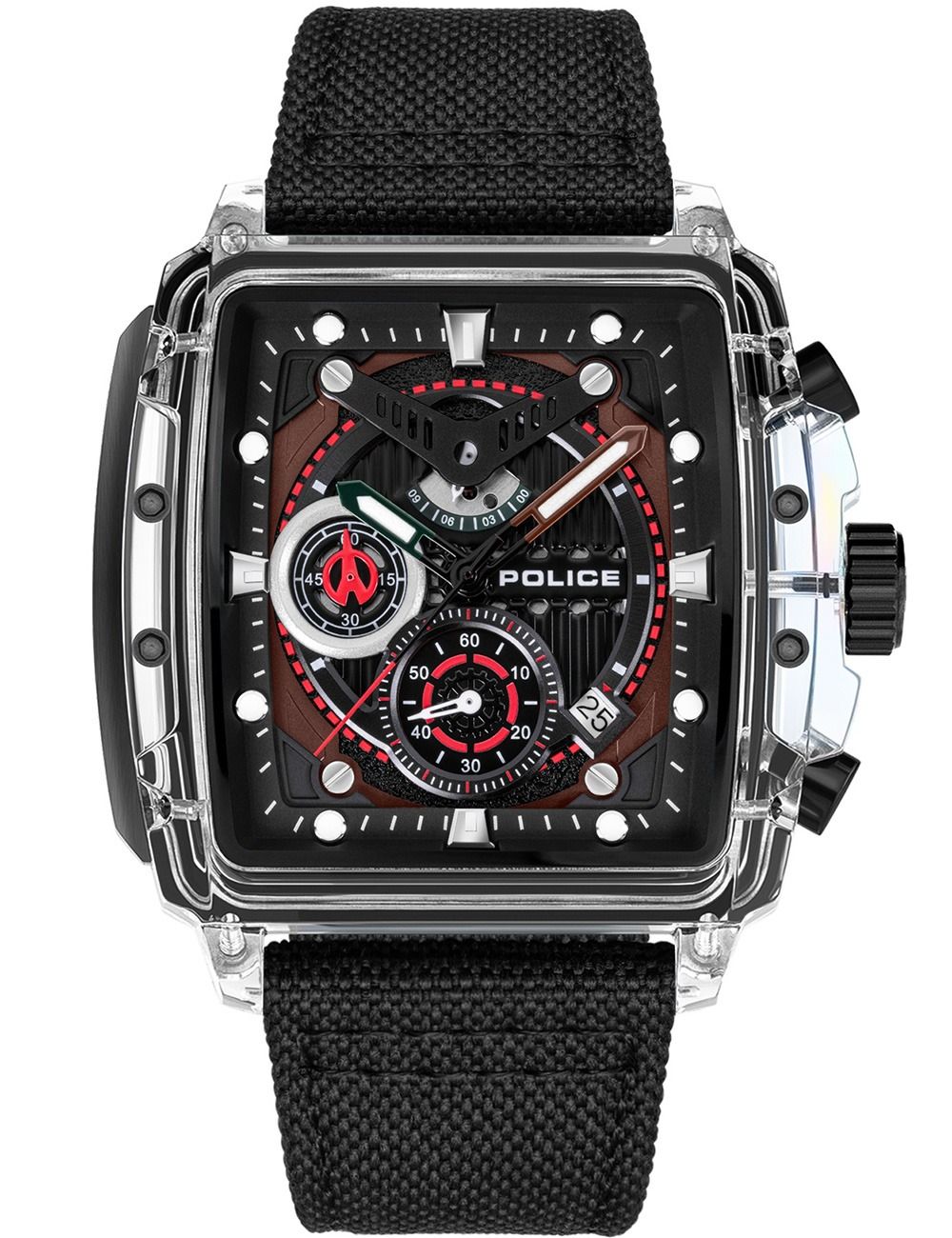 Zegarek typu chronograf z czarną tarczą, czerwonymi akcentami i czarnym paskiem tekstylnym