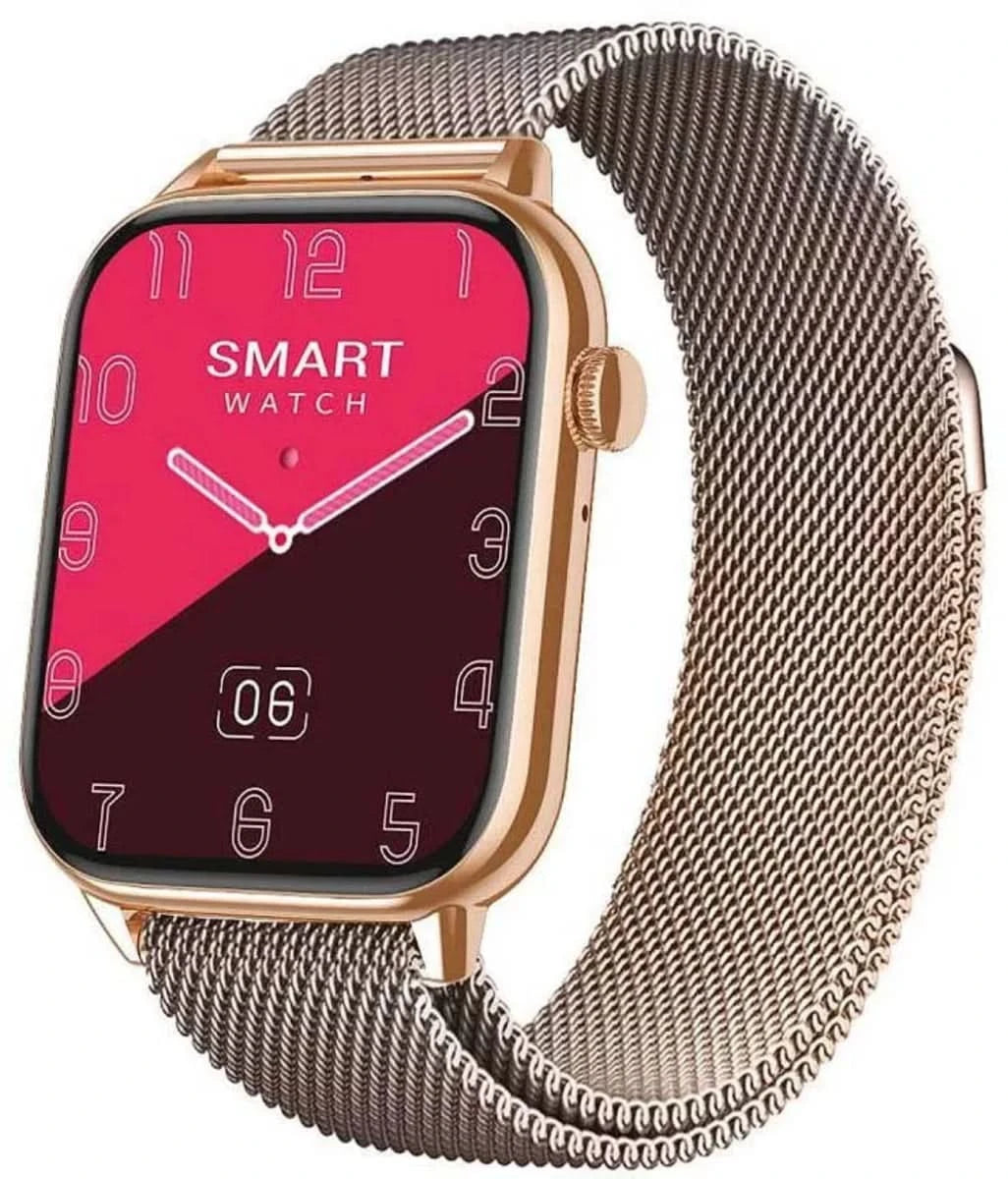 Smartklocka med rosa urtavla och roséguldpläterat hölje, armband i metallnät