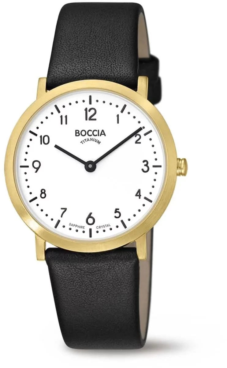 Unisexklocka med svart läderarmband, guldfärgat boett och vit urtavla