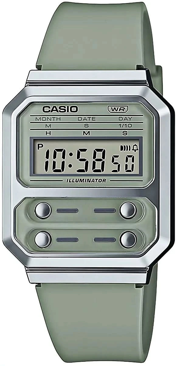 Casio Vintage-klocka med digital display och grönt silikonarmband