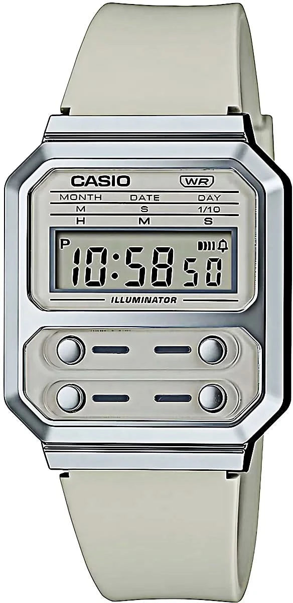 Casio digital klocka med rektangulär urtavla, silverfärgat hölje och ljusgrått silikonarmband